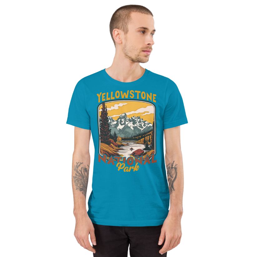 A male with head to the right wearing the Yellowstone National Park T-shirt in aqua against a white background