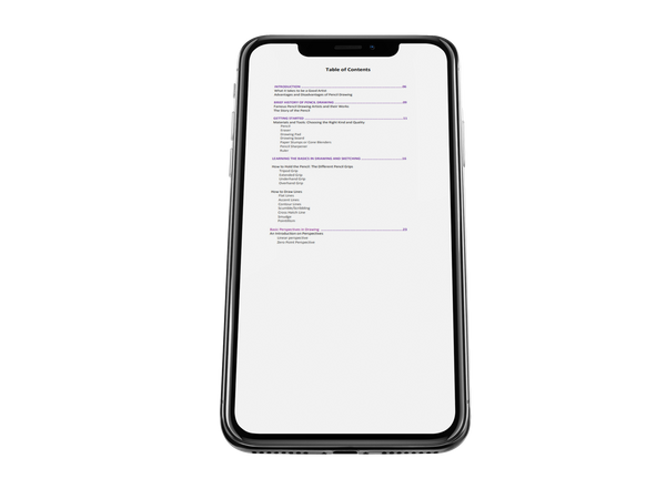 A page from Pencil Drawing The Beginners Guide eBook on an iPhone X