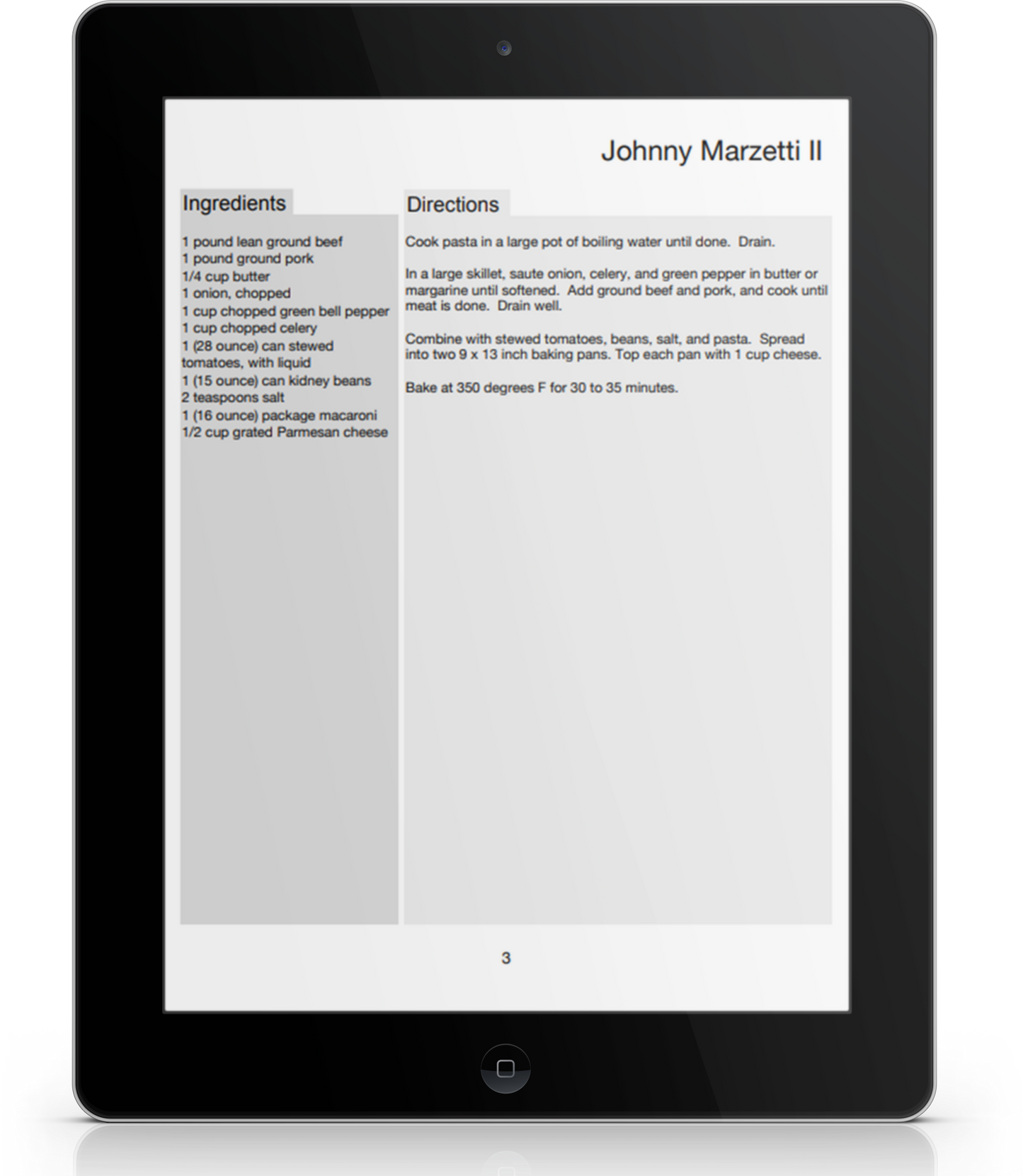 A tablet mockup displaying the Johnny Marzetti II recipe