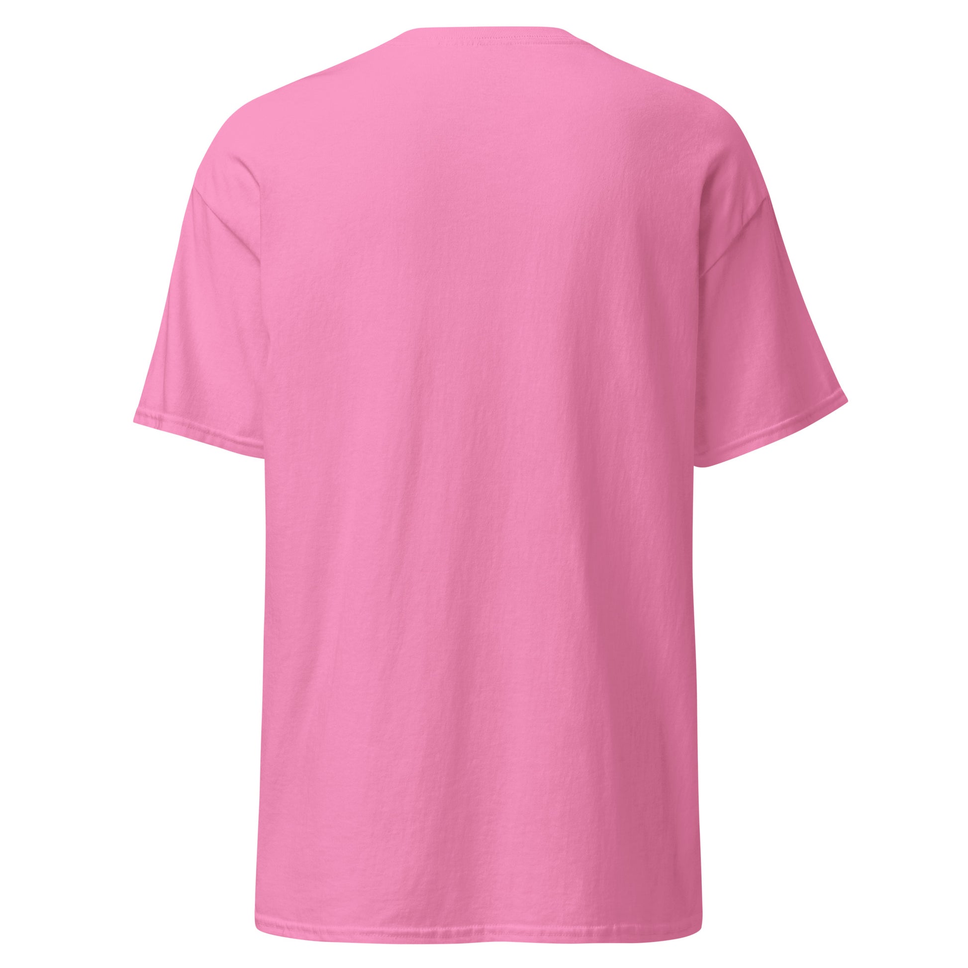 A closeup of the blank back of the I Love My T-shirt in azalea pink against a white background