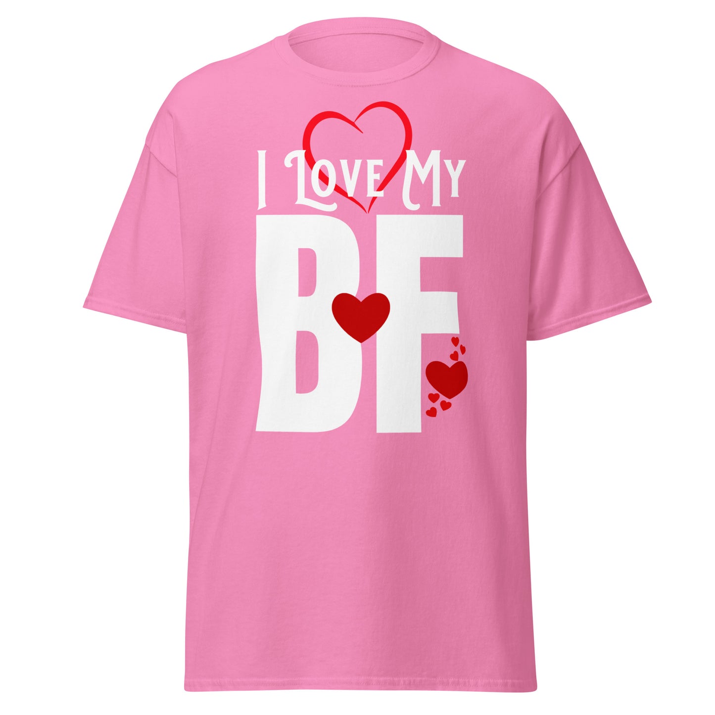 A closeup of the I Love My T-shirt in azalea pink against a white background