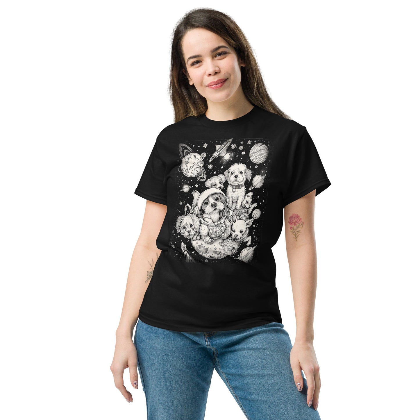 A woman smiling and wearing the Dogs in Space Graphic Tee Shirt in black