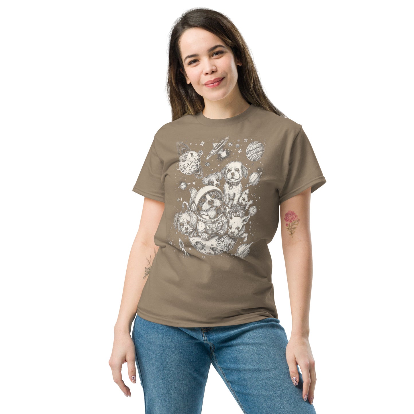 A woman smiling and wearing the Dogs in Space Graphic Tee Shirt in Savana Brown