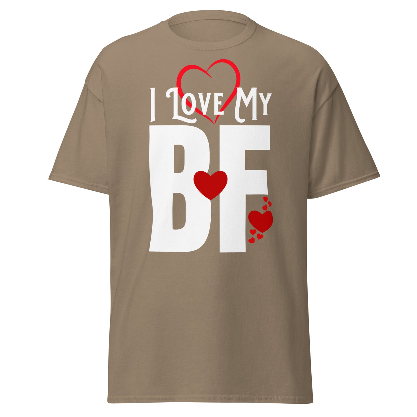 A closeup of the I Love My T-shirt in savana brown against a white background