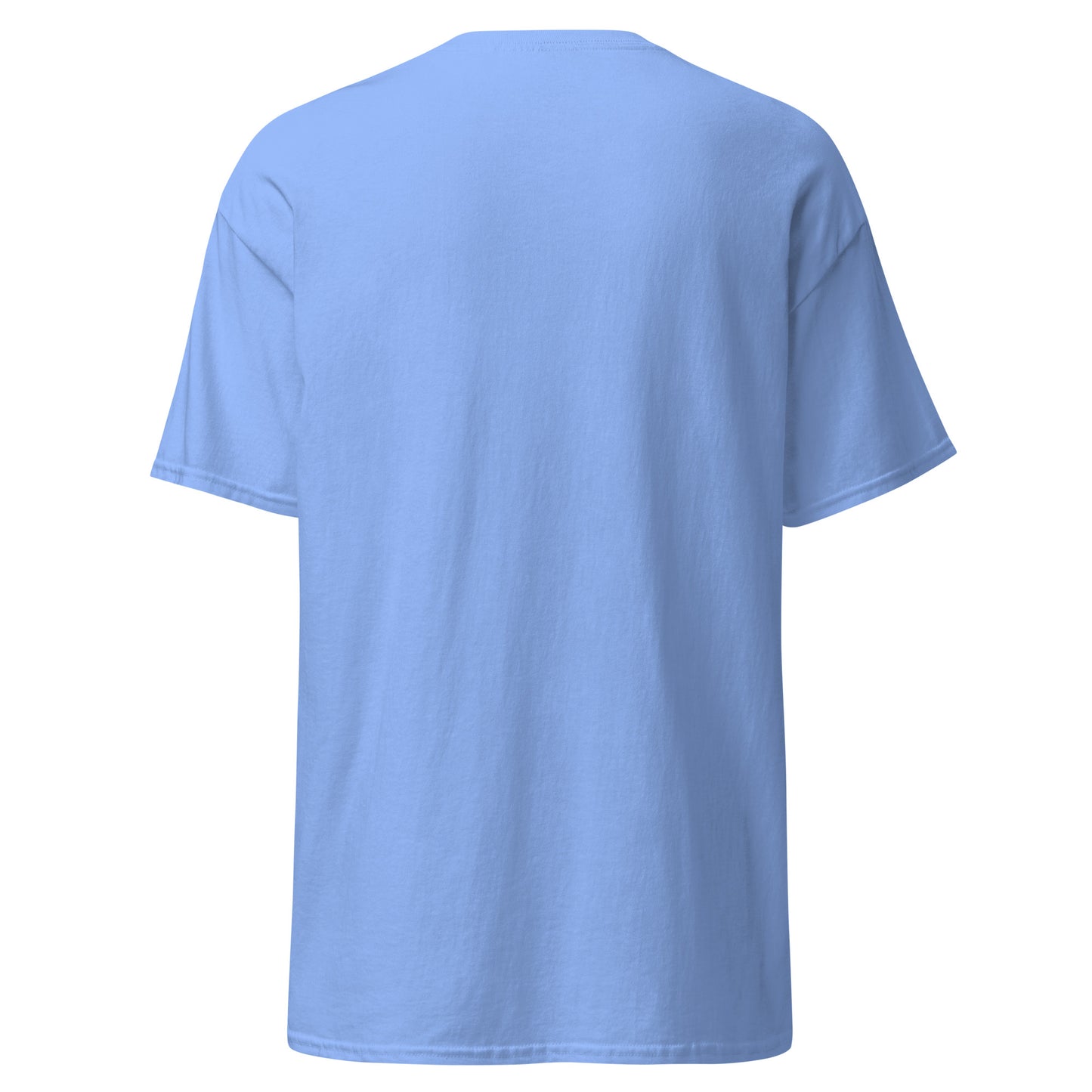 A closeup of the blank back of the I Love My T-shirt in Carolina (light) Blue against a white background