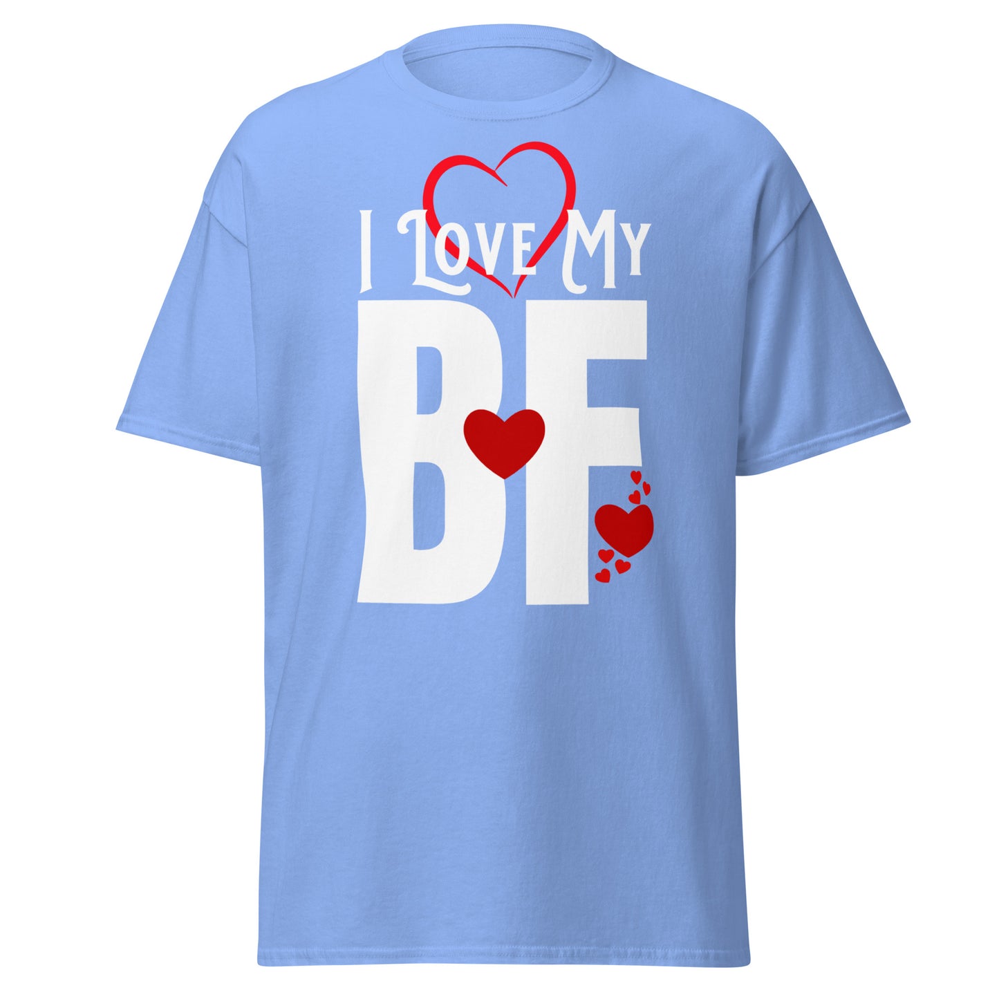 A closeup of the I Love My T-shirt in Carolina (light) Blue against a white background