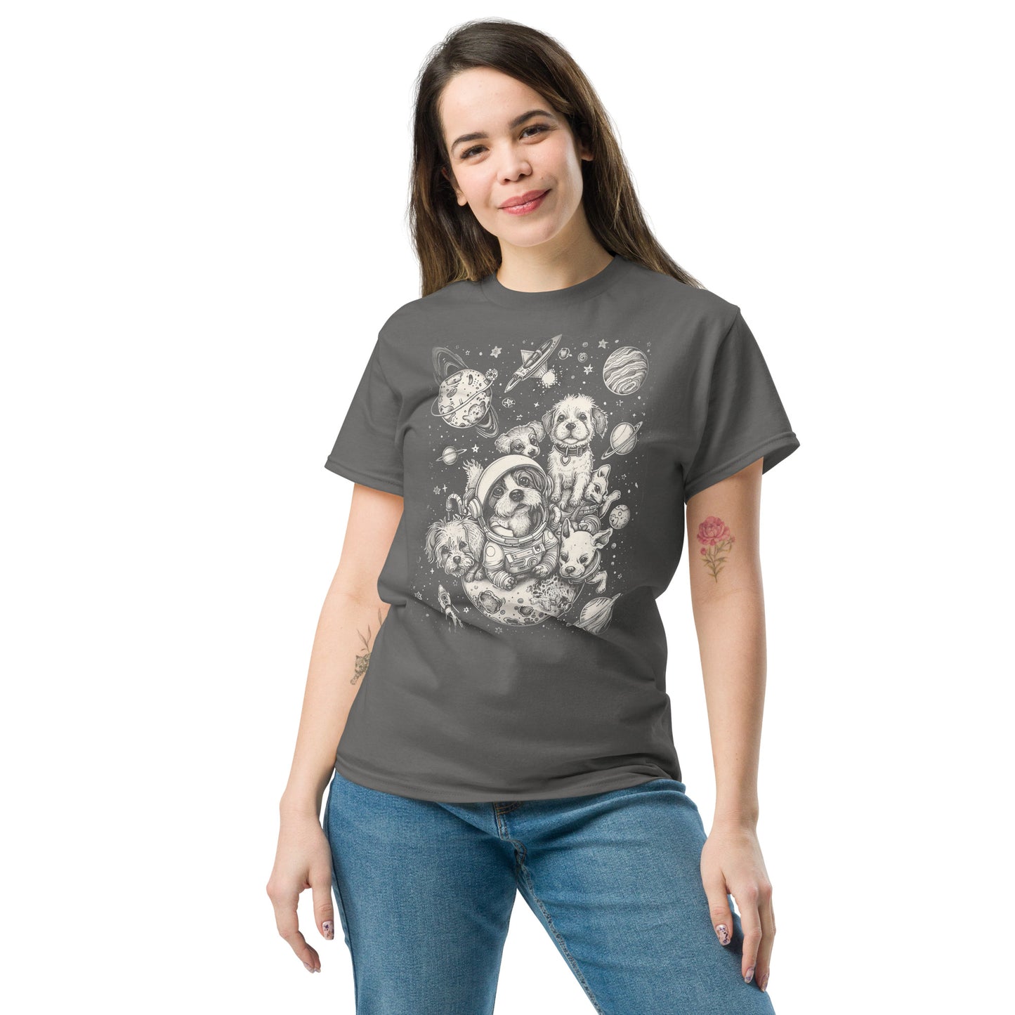 A woman smiling and wearing the Dogs in Space Graphic Tee Shirt in charcoal