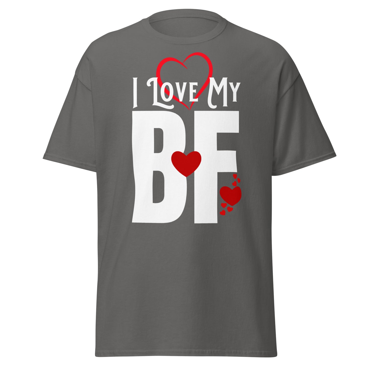 A closeup of the I Love My T-shirt in charcoal gray against a white background