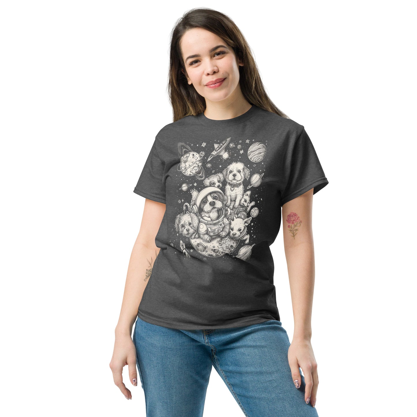 A woman smiling and wearing the Dogs in Space Graphic Tee Shirt in dark heather