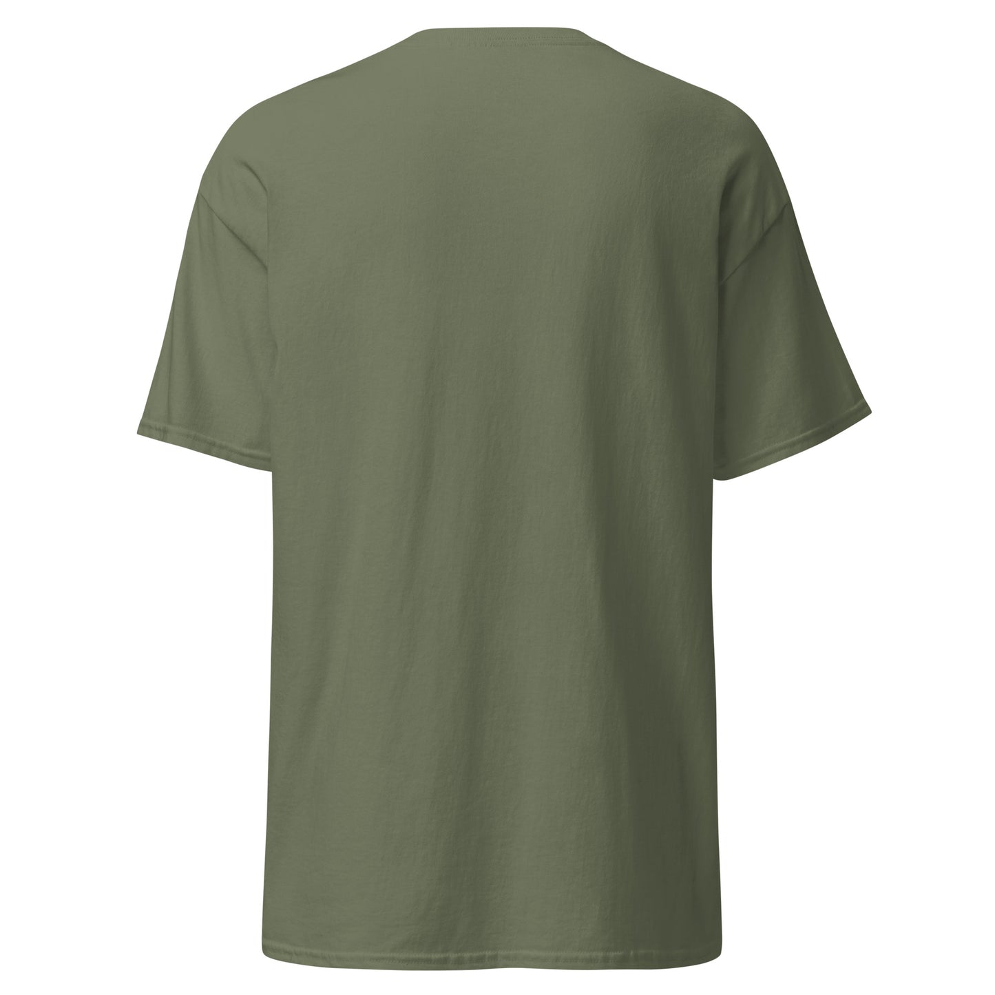 A closeup of the blank back of the I Love My T-shirt in military green against a white background