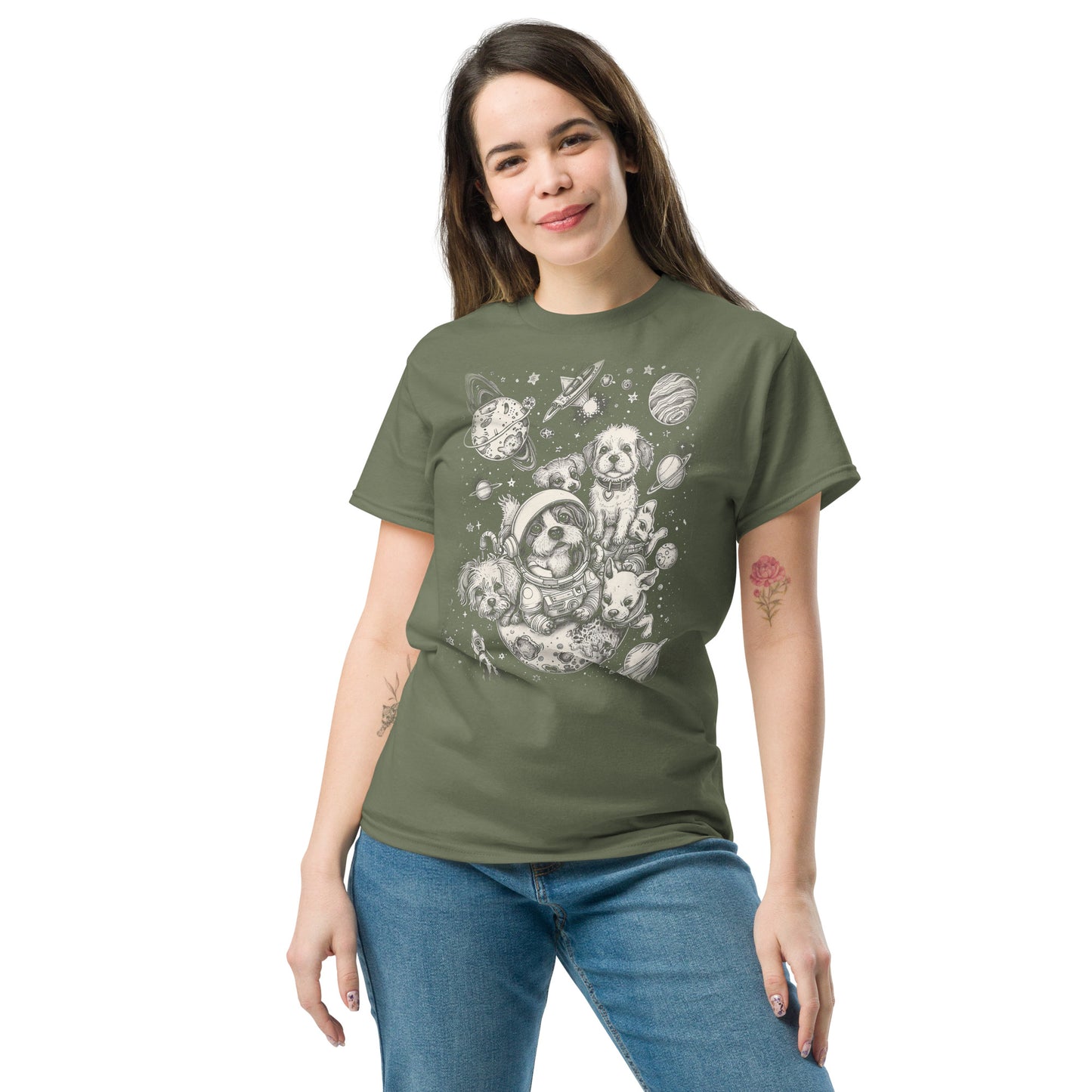 A woman smiling and wearing the Dogs in Space Graphic Tee Shirt in military green