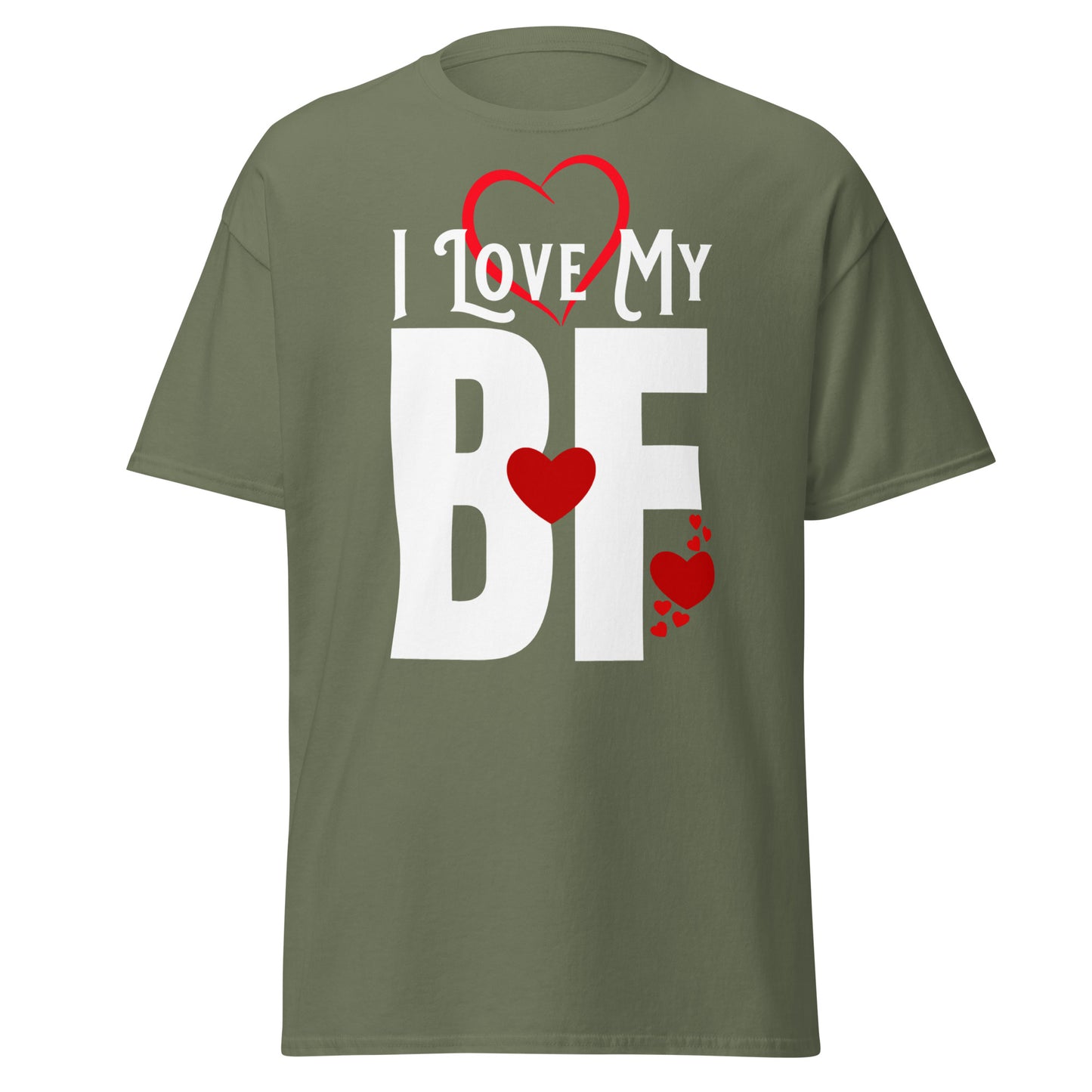 A closeup of the I Love My T-shirt in military green against a white background