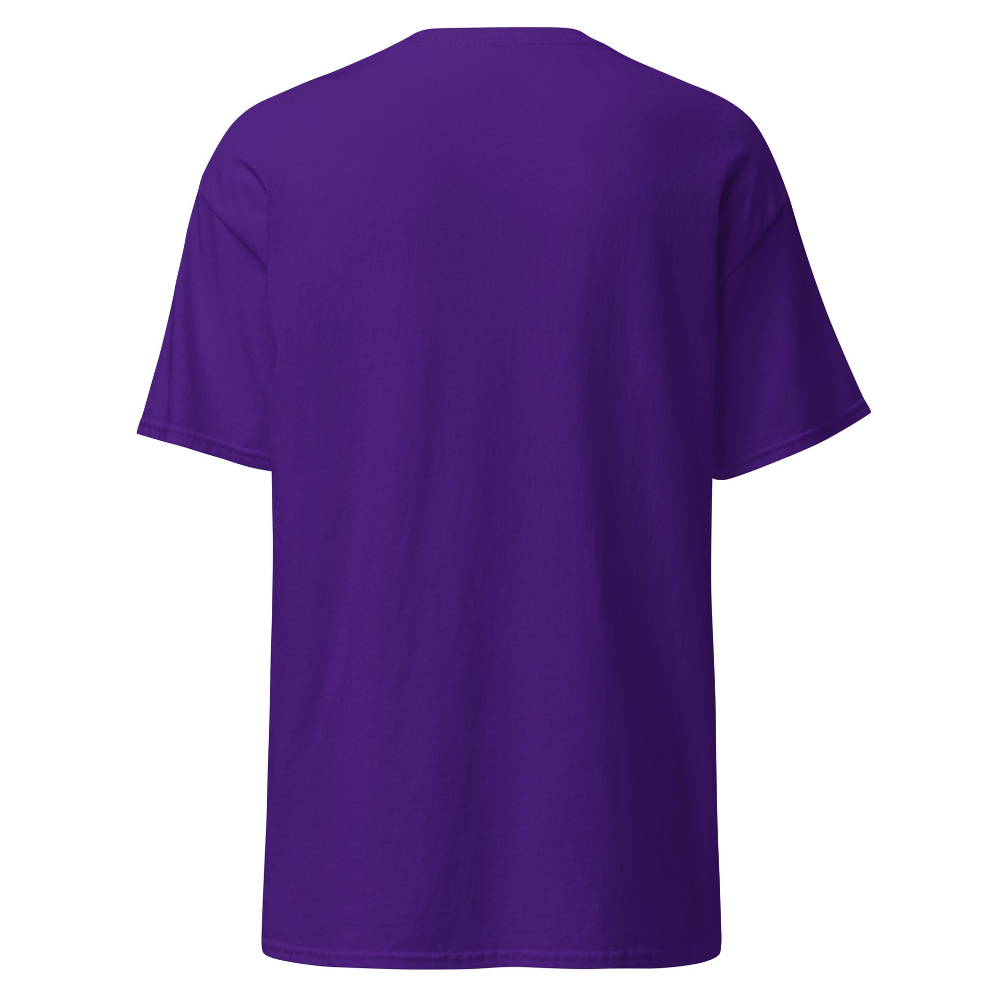 A closeup of the blank back of the I Love My T-shirt in purple against a white background