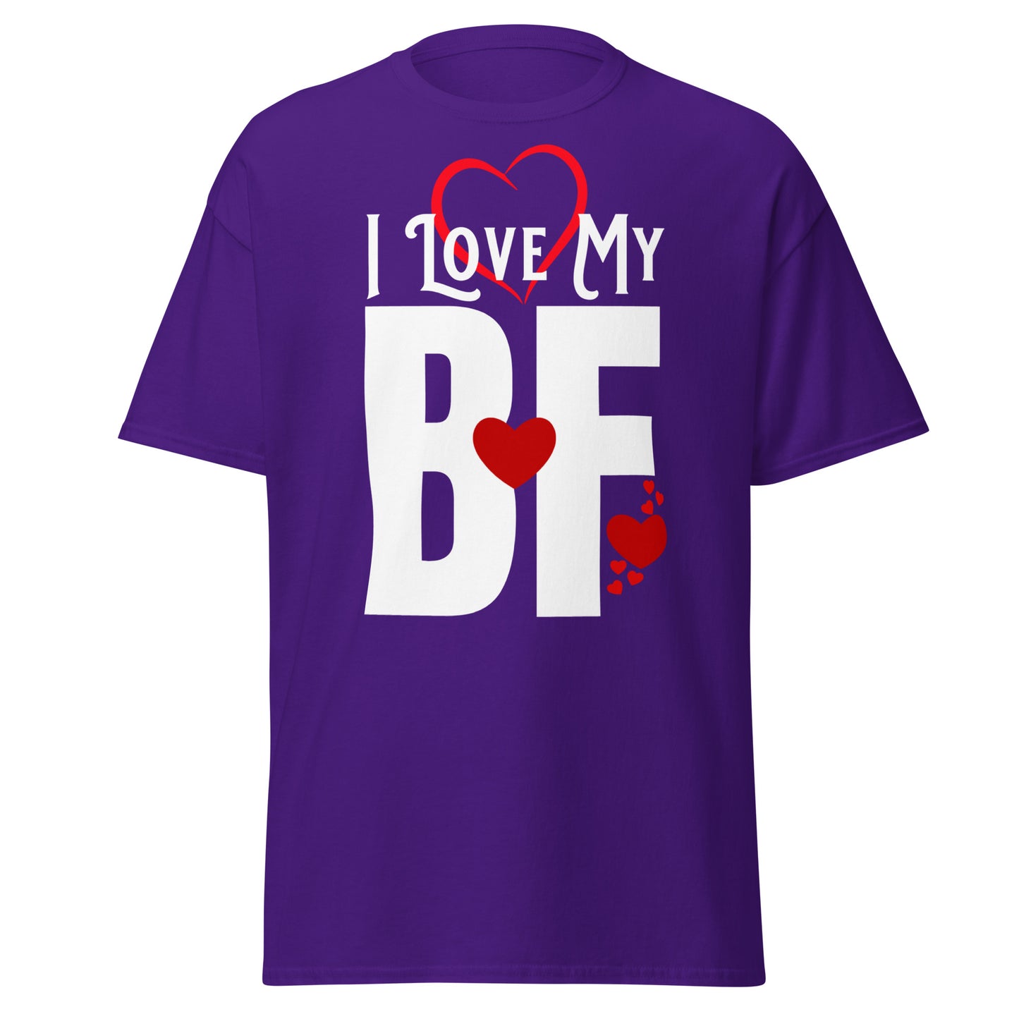 A closeup of the I Love My T-shirt in purple against a white background