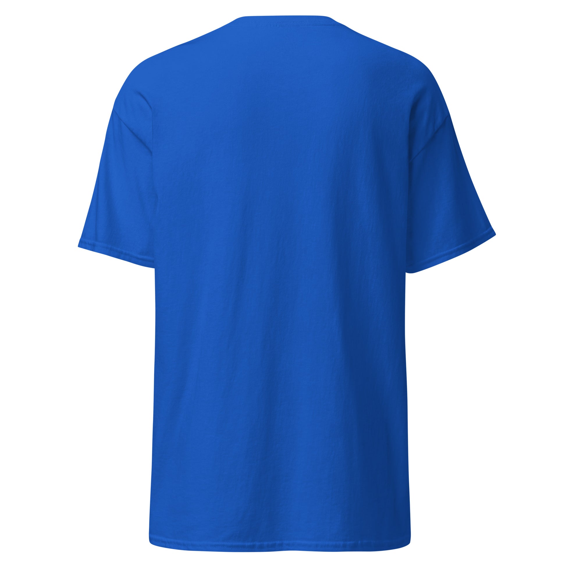 A closeup of the blank back of the I Love My T-shirt in royal blue against a white background