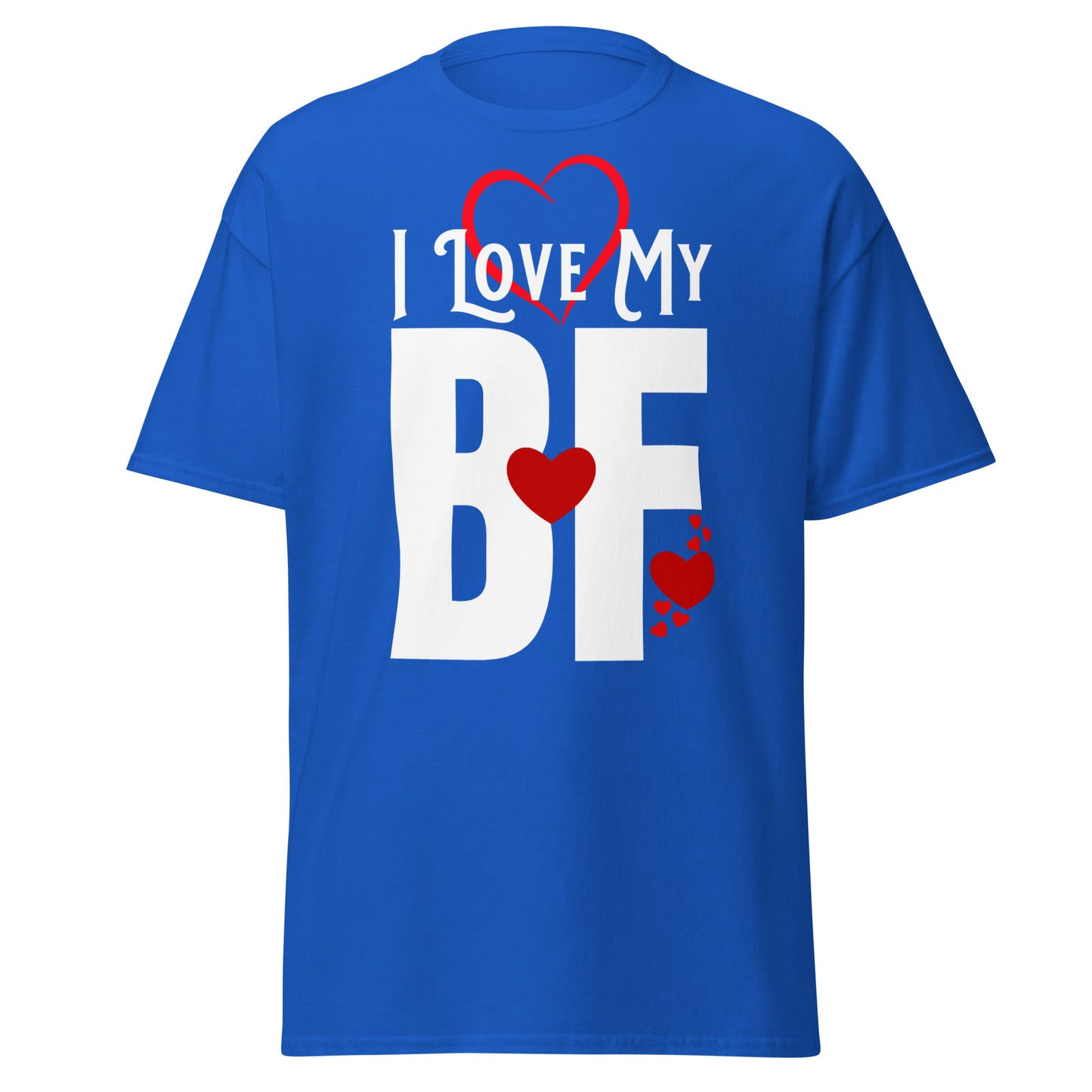 A closeup of the I Love My T-shirt in royal blue against a white background