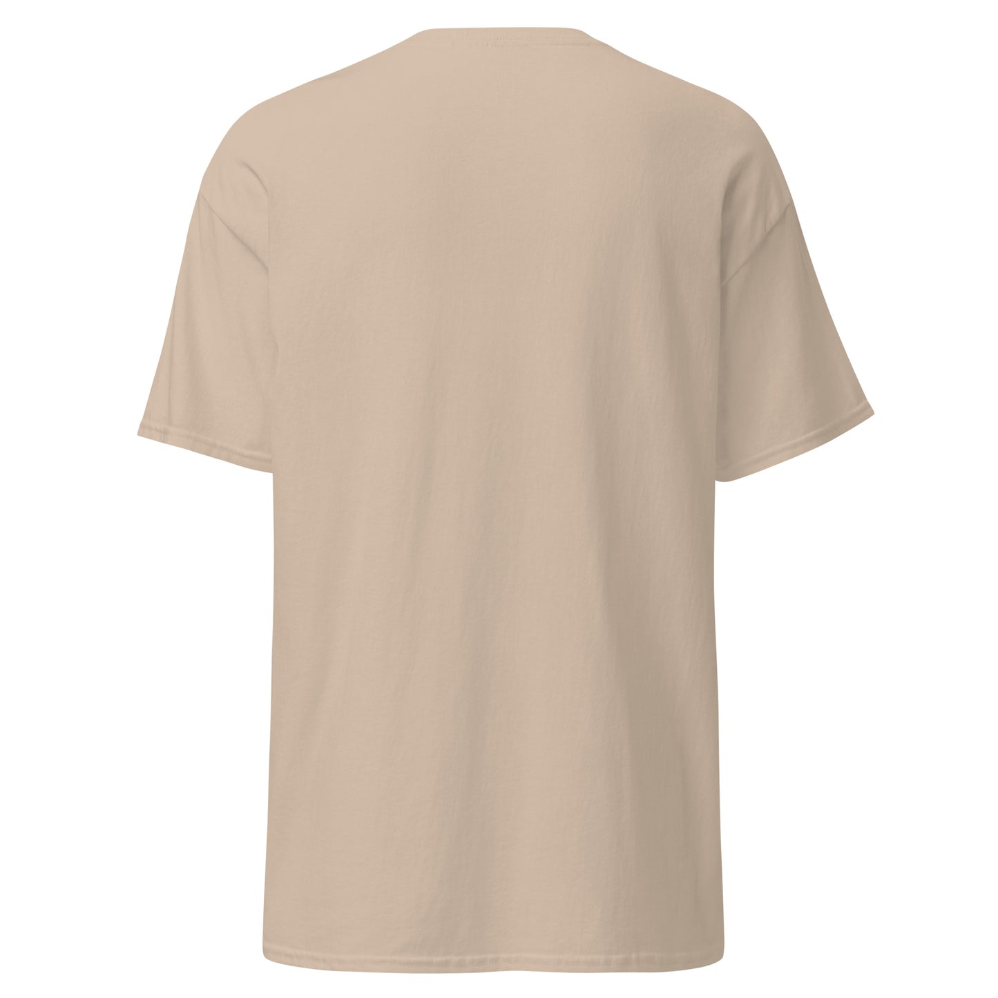 A closeup of the blank back of the I Love My T-shirt in beige against a white background