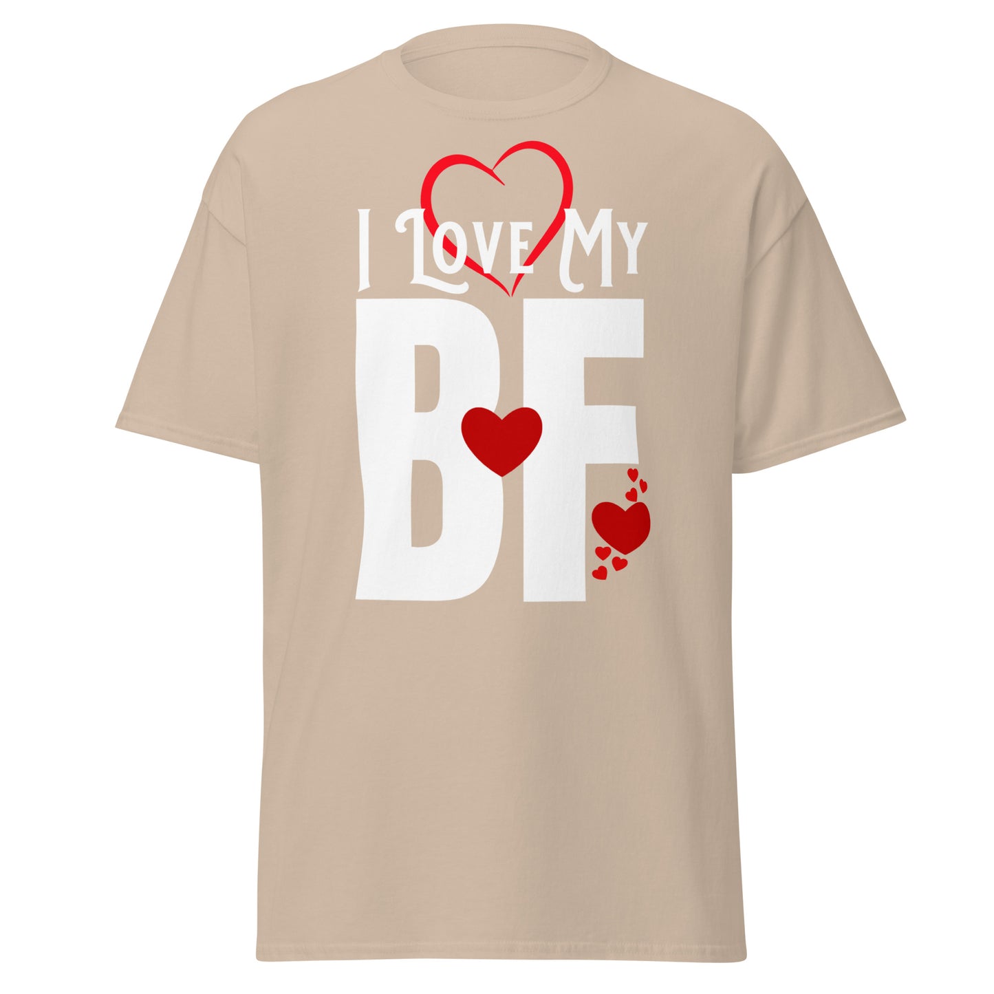 A closeup of the I Love My T-shirt in beige against a white background