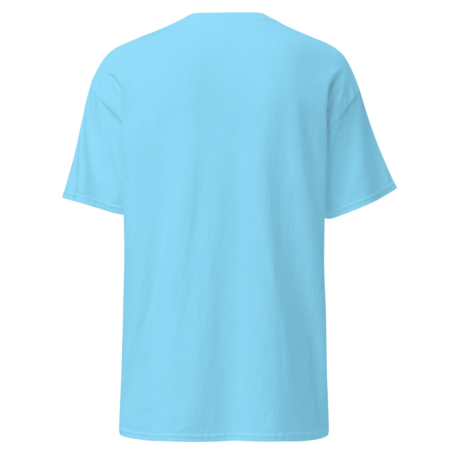 A closeup of the blank back of the I Love My T-shirt in sky blue against a white background