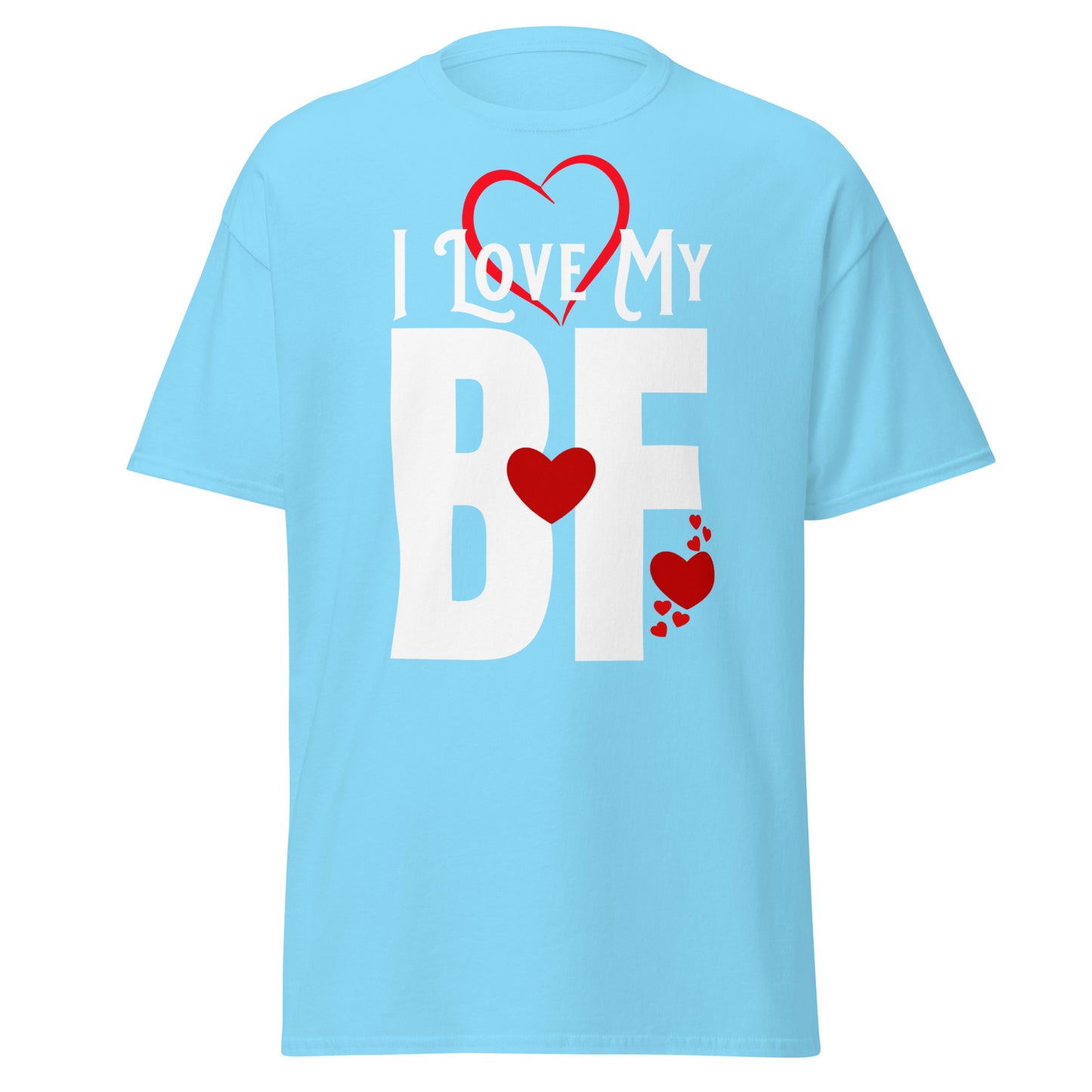 A closeup of the I Love My T-shirt in sky blue against a white background