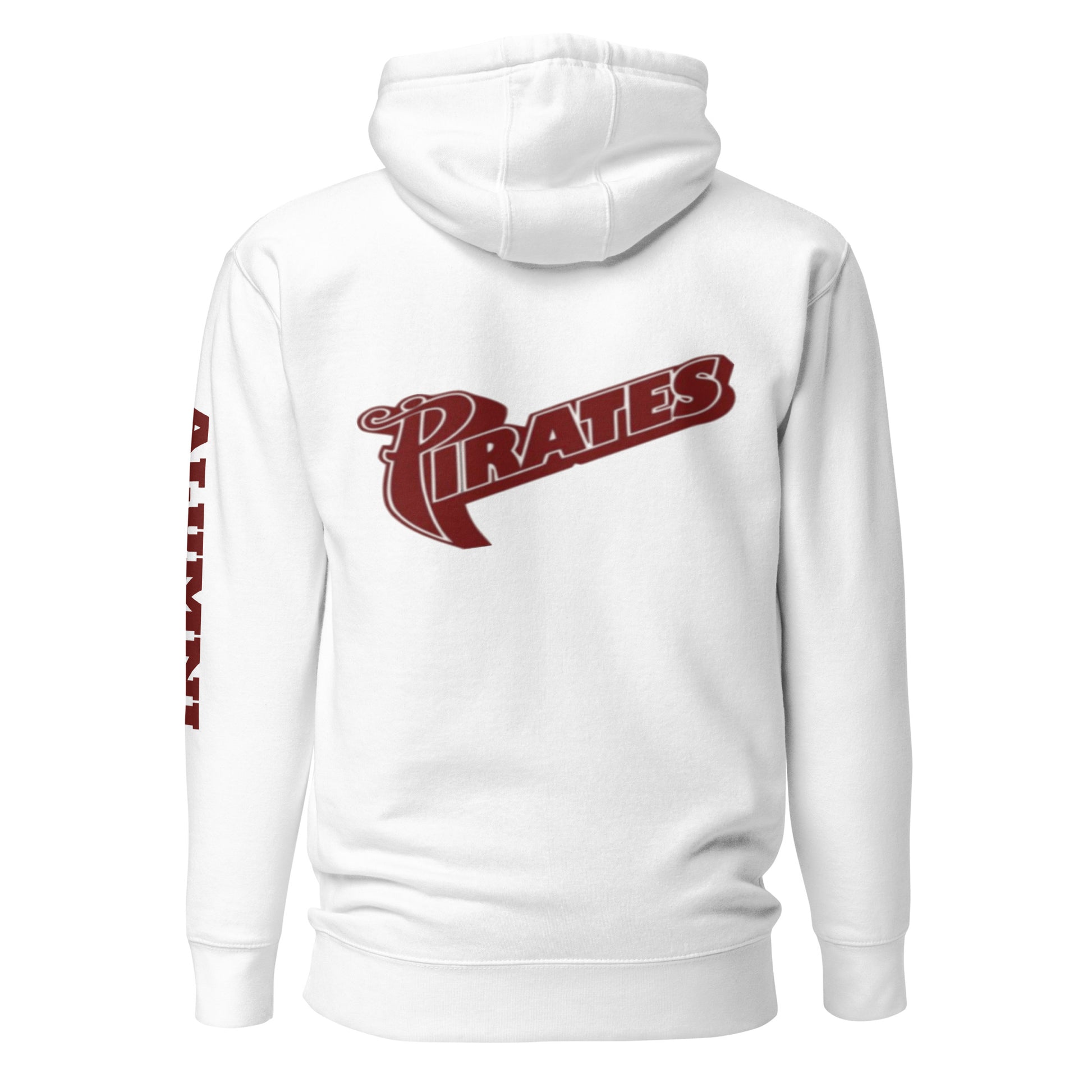 The white St. Jude Hoodie displaying "Pirates" on the back