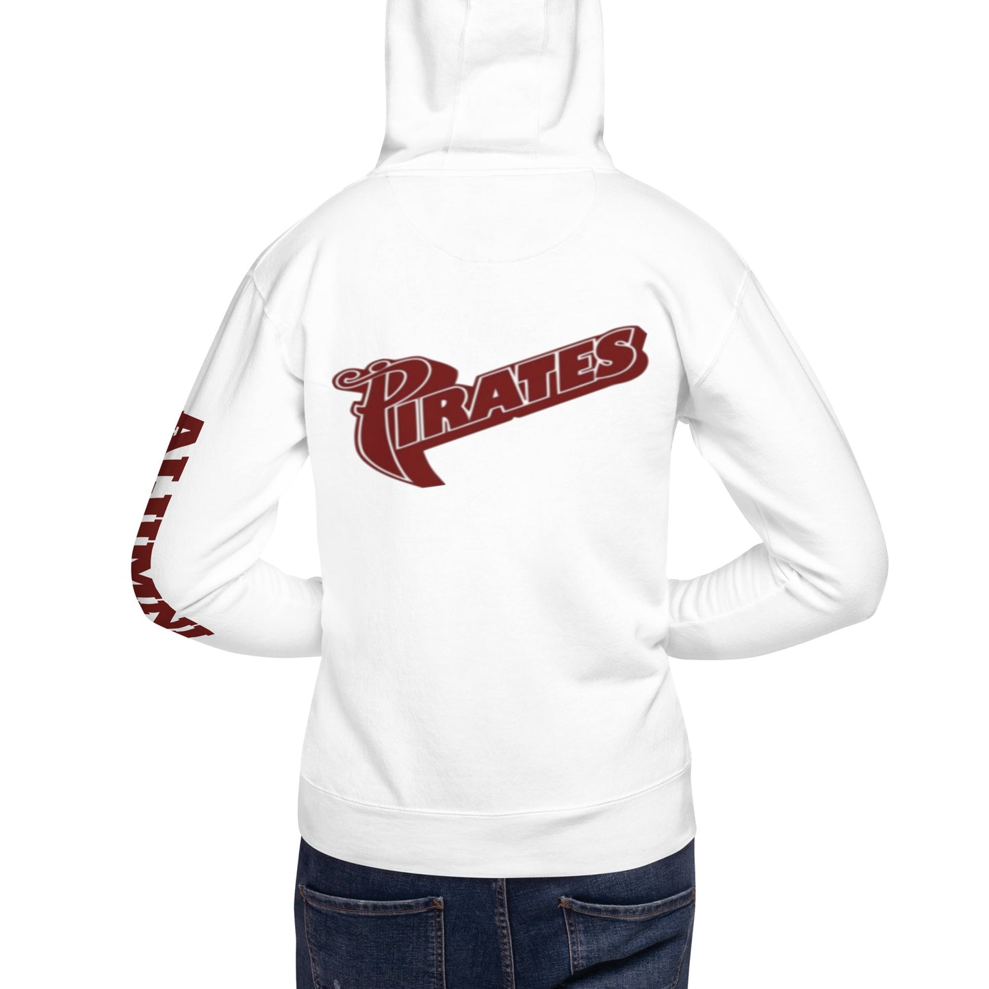 The back of a person wearing a white St. Jude Hoodie with "Pirates" displayed 