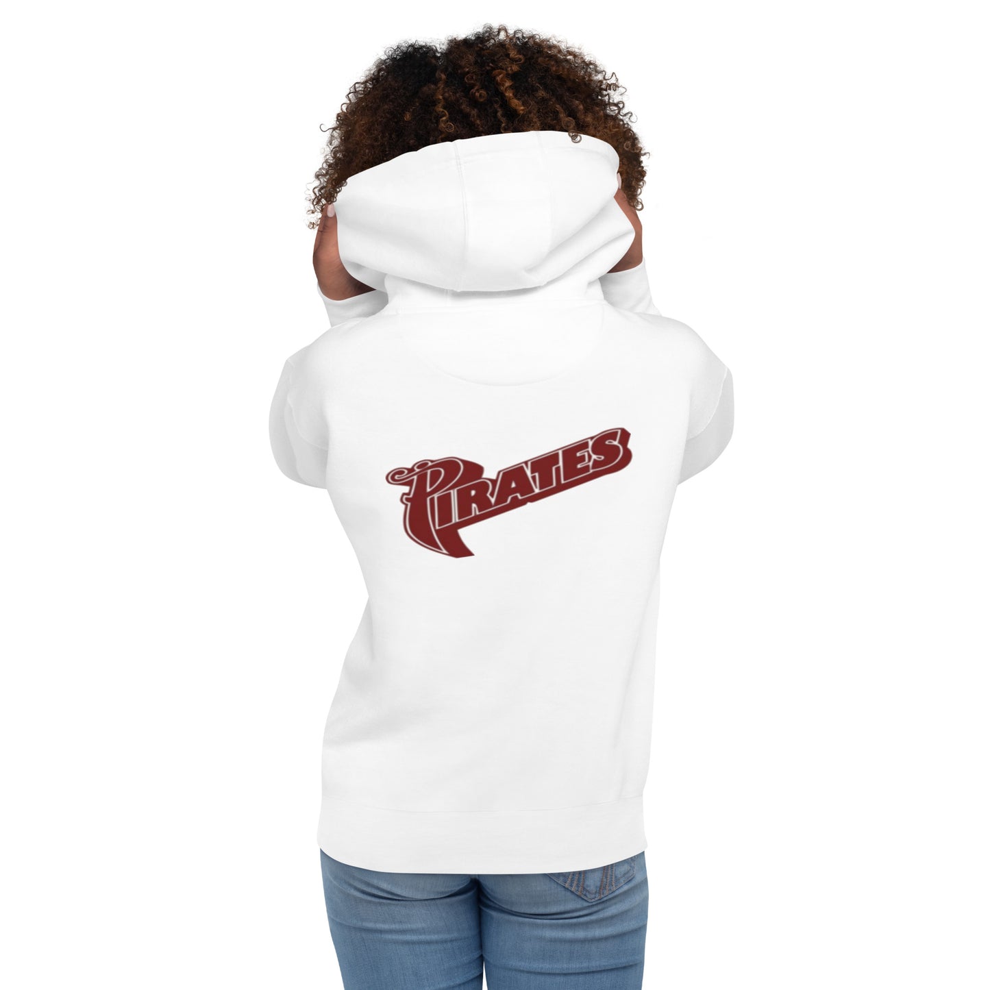 A lady wearing the white St. Jude Hoodie and facing away from the camera with hands holding the hood so that "Pirates" displays on the back