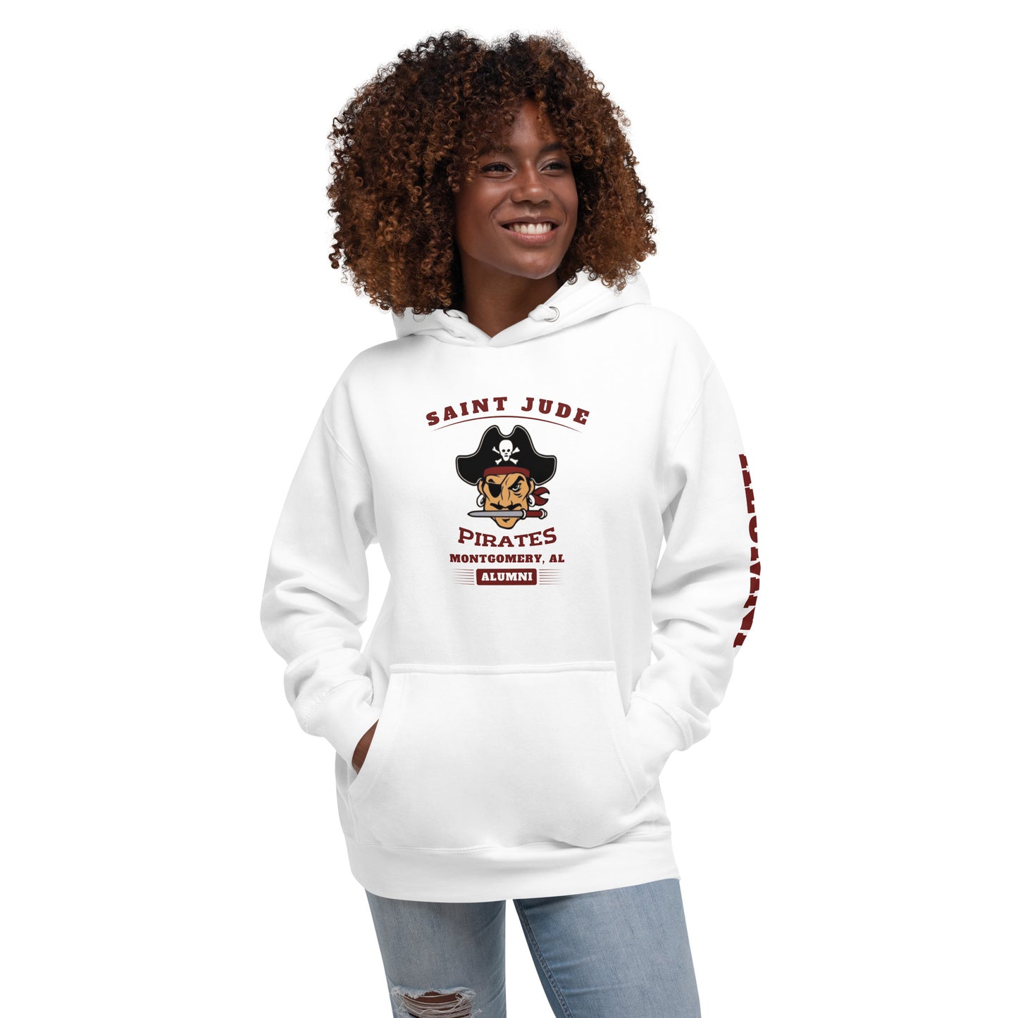 A lady looking to one side and wearing the white St. Jude Hoodie