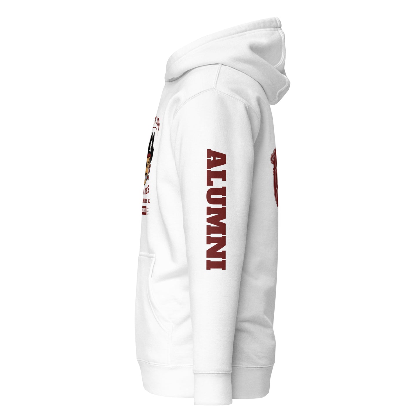 The white St. Jude Hoodie with "Alumni" showing on the left sleeve