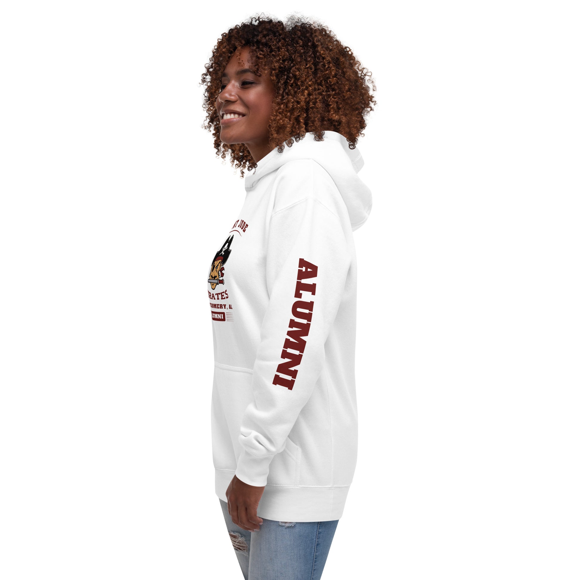 A lady wearing the white St. Jude Hoodie with the left arm sleeve displaying, "Alumni" 