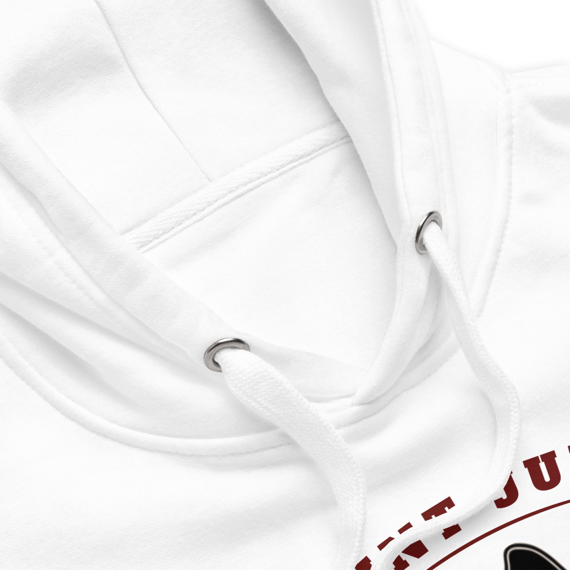 A close up of the white St. Jude Hoodie showing the flat drawstrings of the hood