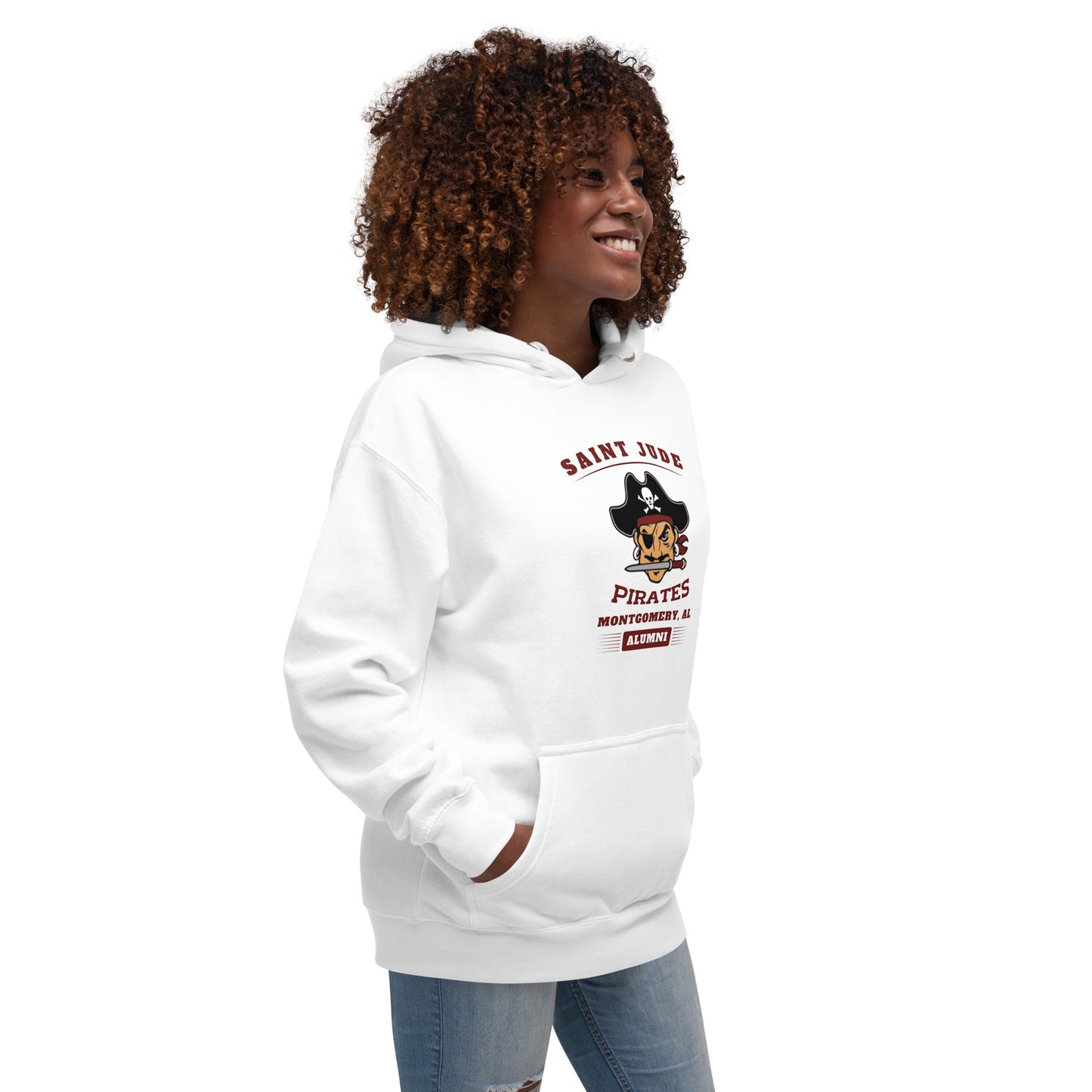 A lady wearing the white St. Jude Hoodie and looking to the side