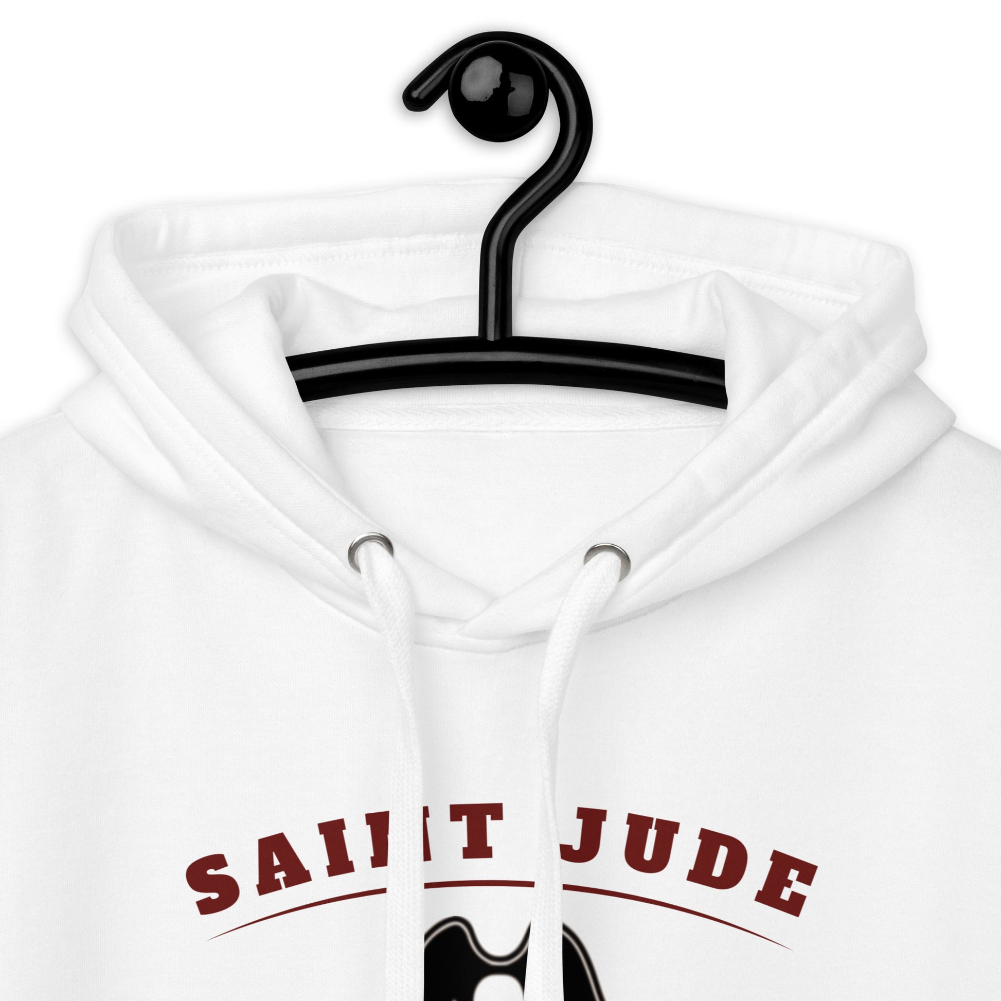 A close up of the white St. Jude Hoodie hanging and displaying the flat drawstrings