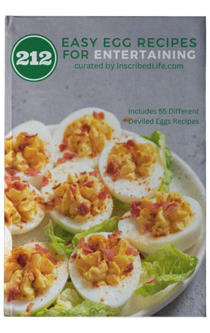 A  book with a serving plate of deviled eggs and lettuce on the cover