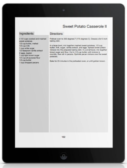 A mockup of a tablet displaying the sweet potato casserole recipe