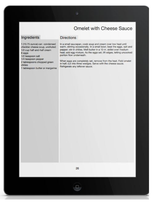 A sample recipe, Omelet with Cheese Sauce, displaying on a tablet 