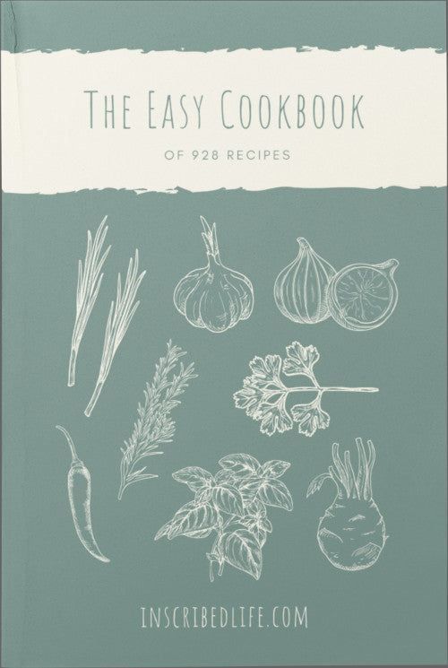 The cover of the Easy Cookbook displaying pepper, garlic, and other spice illustrations against a sage-colored background