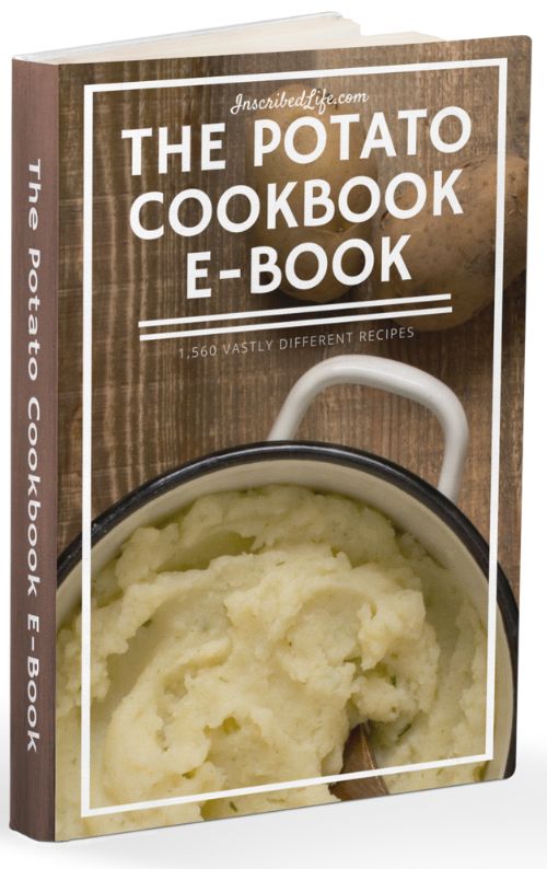 A mockup of the Potato Cookbook eBook displaying a white bowl of mashed potatoes against a brown wood grain  background